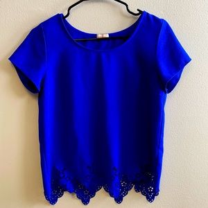 Royal Blue Short Sleeved Blouse with Bottom Lace Cutouts